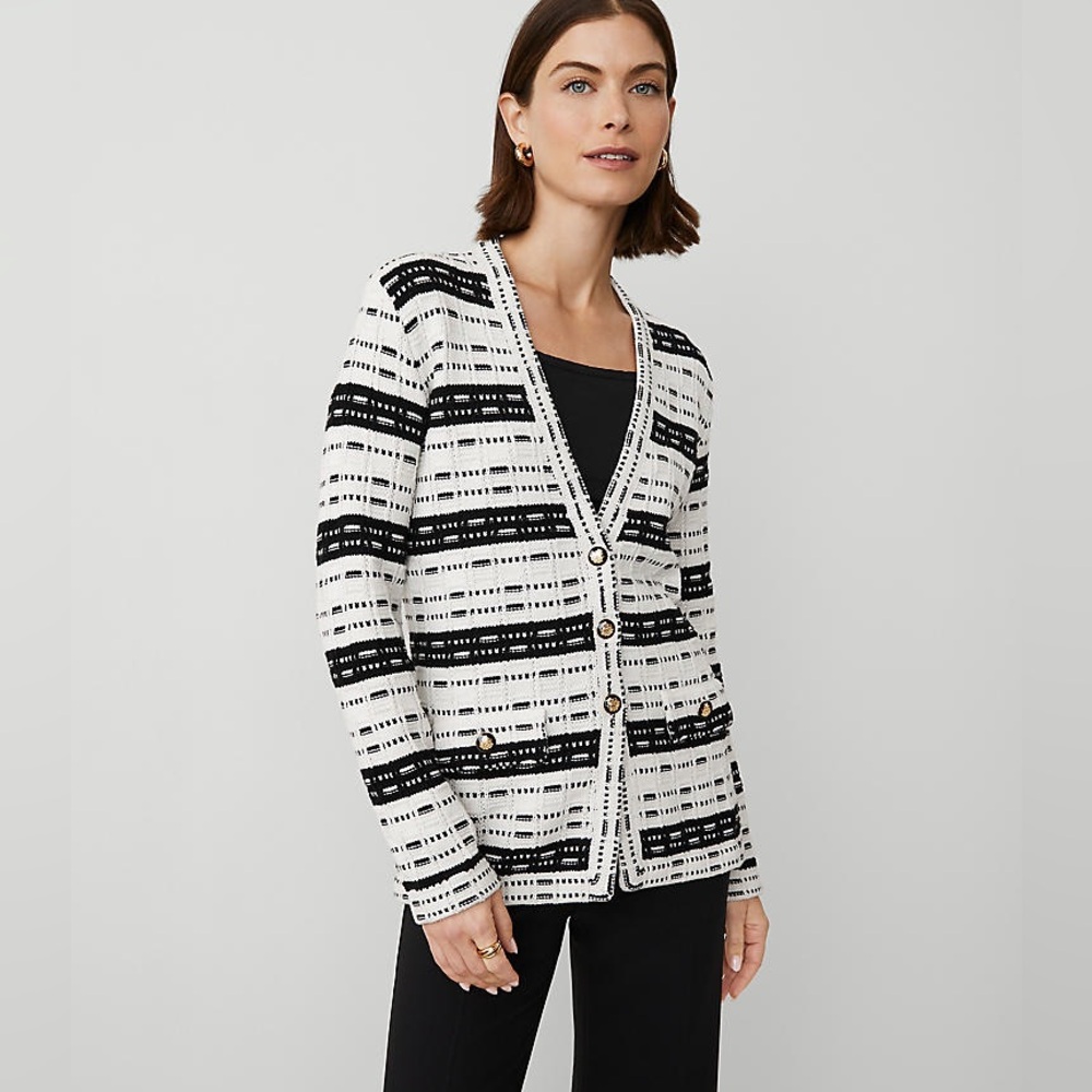 NWT Ann Taylor Size Large Striped Black and White Tweed Sweater Jacket